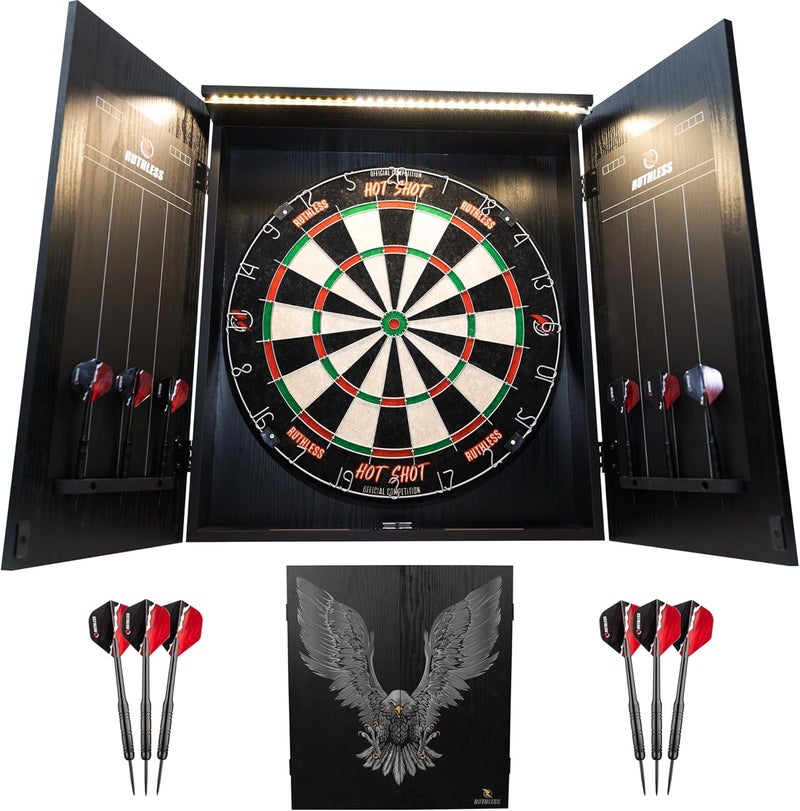 Home Darts Centre with or Without LED Light Options | Home Dart Board Centre Including Cabinet, Dartboard and 2 Sets of Darts.